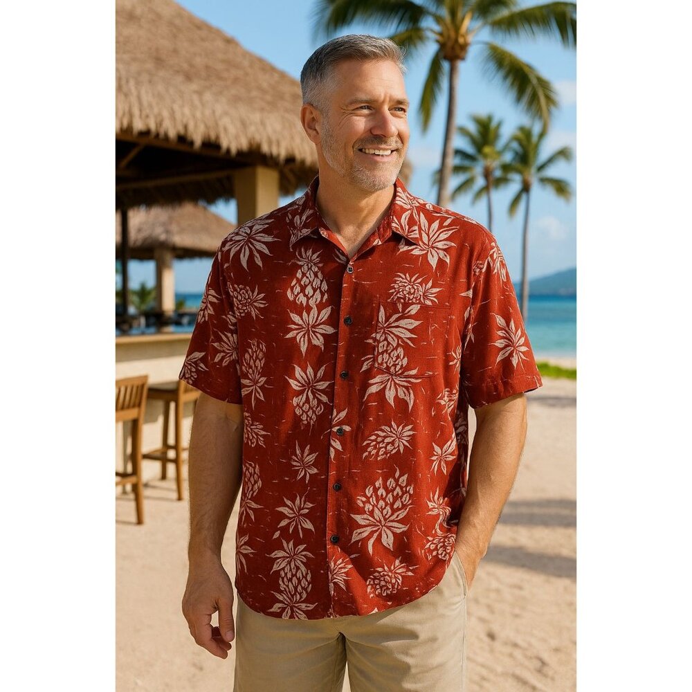 George Hawaiian Shirt 2XL Red Pineapple Print Button Front Aloha Camp Resort